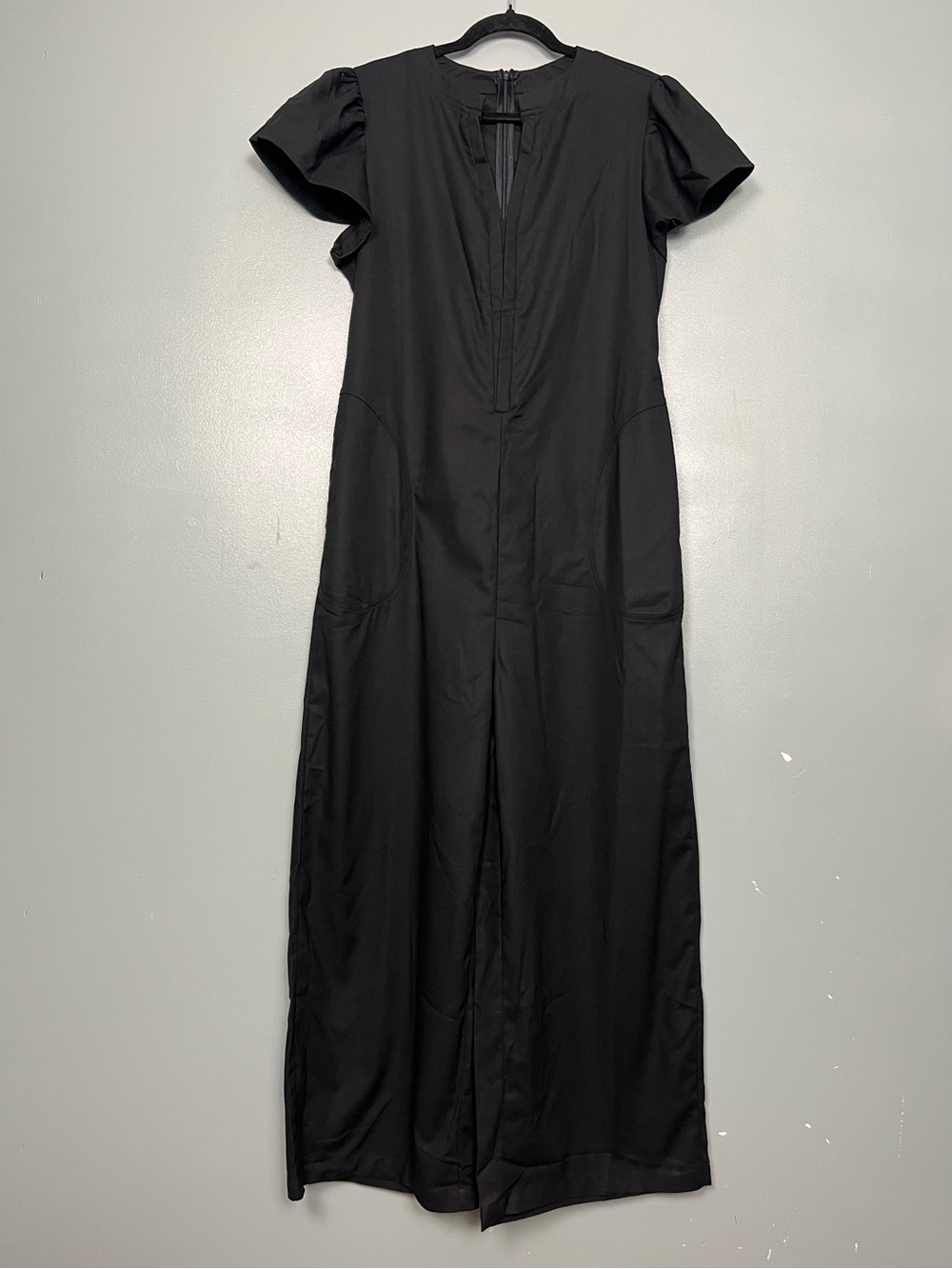 New! Linen Wide Leg Puff Sleeve Jumpsuit Black Waist Tie Oshoplive Womens Size L
